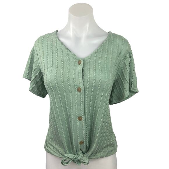 Weatherproof Vintage Green V Neck Short Sleeve Tie Hem Button Up Blouse Top Sz M - Picture 1 of 4